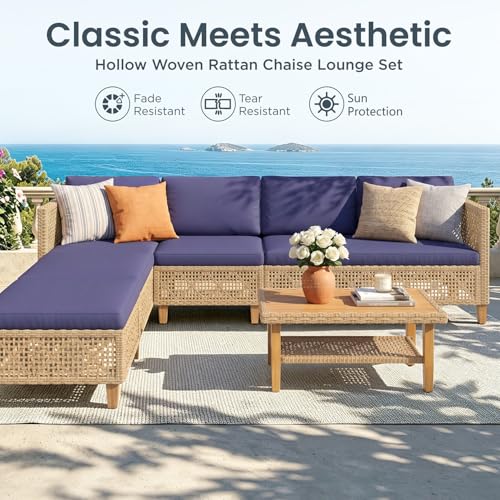 Image of PHI VILLA Wicker Patio Furniture Set, Rattan Patio Sectional Sofa Outdoor Couch Set with Acacia Wood Coffee Table, 7 Pieces U-Shaped Patio Conversation Set for Backyard Porch, Navy Blue Cushion