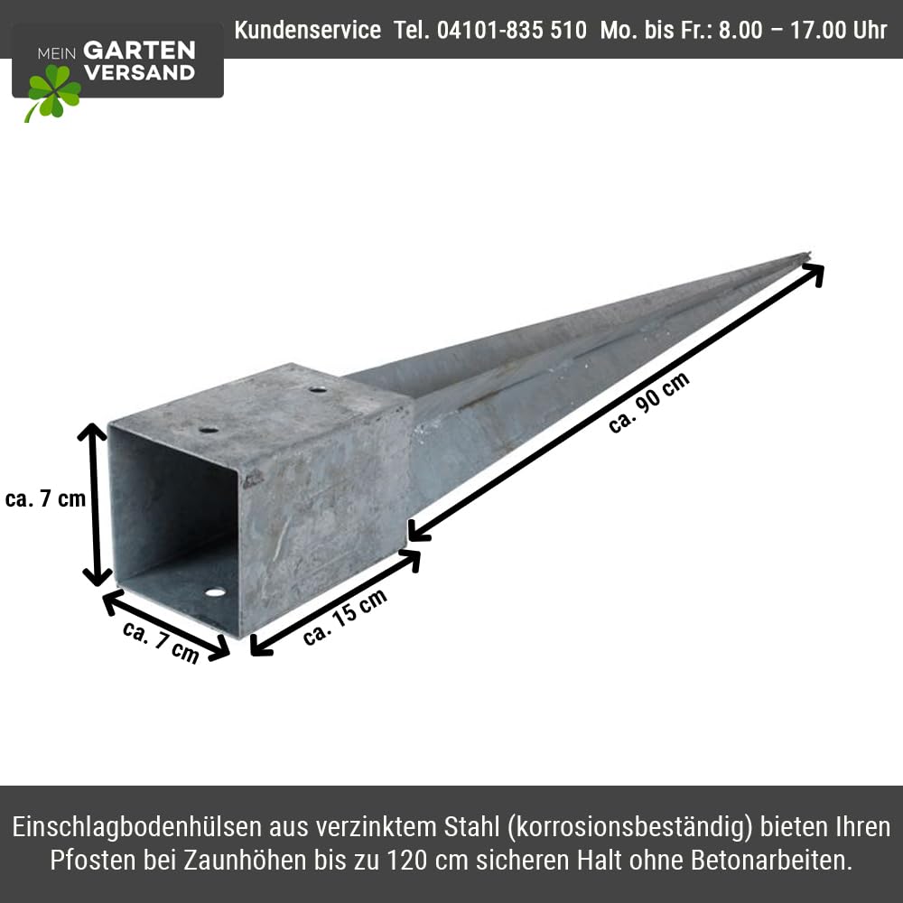 Einschlagbodenhülse 7x7 cm 6er Set – feuerverzinkte Bodenhülsen aus Stahl 70x70x700 mm, Pfostenanker zum Einschlagen ohne Beton, Erdhülse für Zaunpfosten