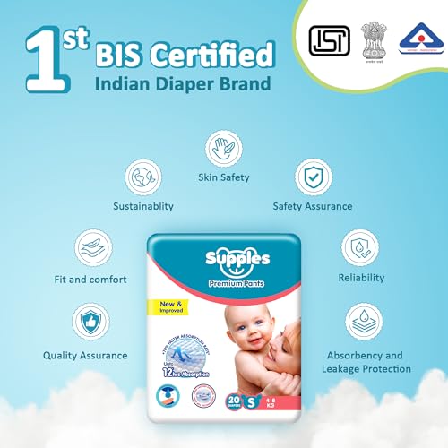 Image of Amazon Brand - Supples Premium Baby Diaper Pants | 20 Baby Diapers | Small | 4-8 Kg | 12 Hrs Absorption | Cushiony Cotton Soft Fabric | Phthalates-Free | Triple Leak Guard