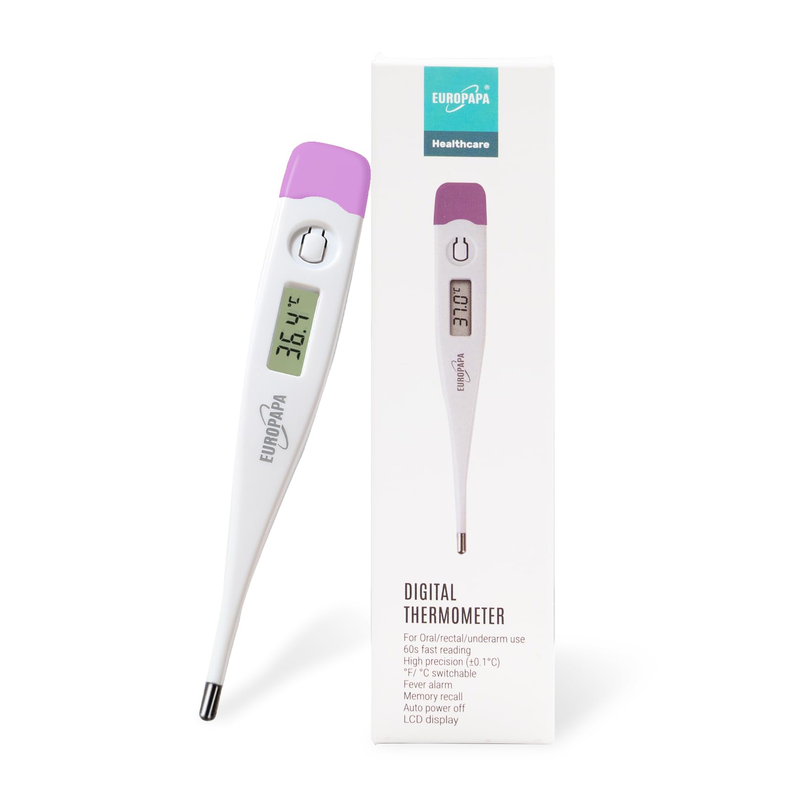 EUROPAPA Thermomètre de fièvre numérique pour bébés, enfants et adultes, thermomètre pour voie orale, axillaire ou rectale, étanche avec alarme de fièvre (Violet)