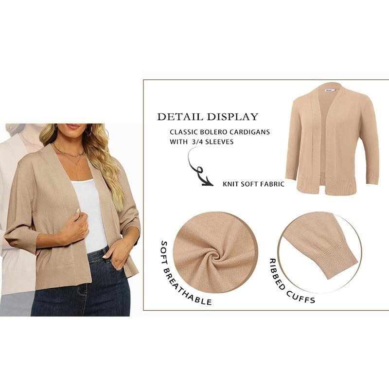 Bolero Mujer,Cárdigan de Punto con Cuello En V para Mujer Chaqueta Ligera Y Corta con Abertura Frontal Suéter de Manga 3/4 Elegante Prenda para Cubrir Vestidos Ropa de Verano.