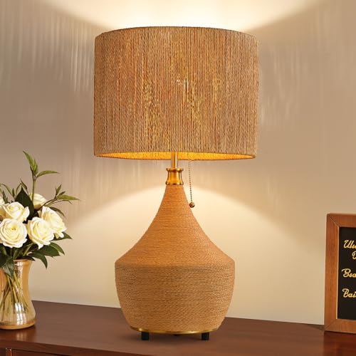 Rattan Boho Table Lamp – Rustic Bedside Accent for Farmhouse