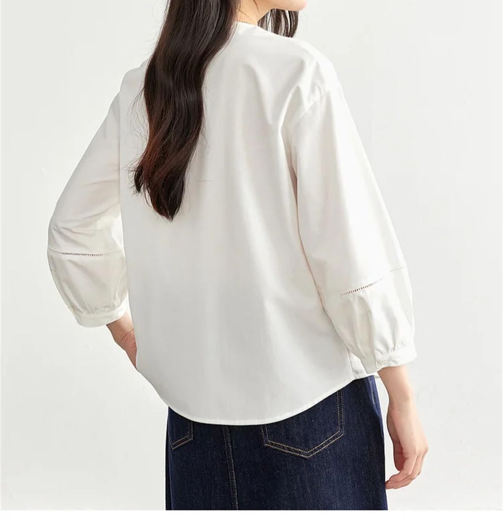 Blusas rectas bordadas de retazos para mujer, cuello en V, manga abombada de tres cuartos