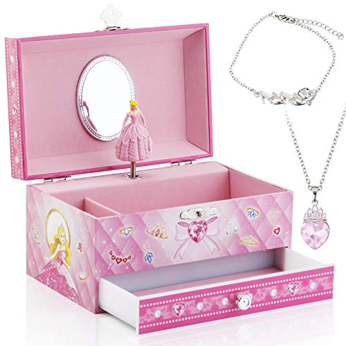 Kids Musical Jewelry Box for Girls with Big Drawer and Jewelry Set with Cute Princess Theme - Beautiful Dreamer Tune Pink