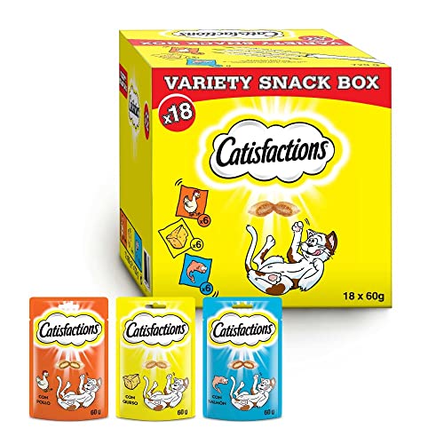Catisfactions, Premios para Gatos, Multipack de Tres sabores Pollo, Buey y Queso (3 x 6 x 60 Gramos)