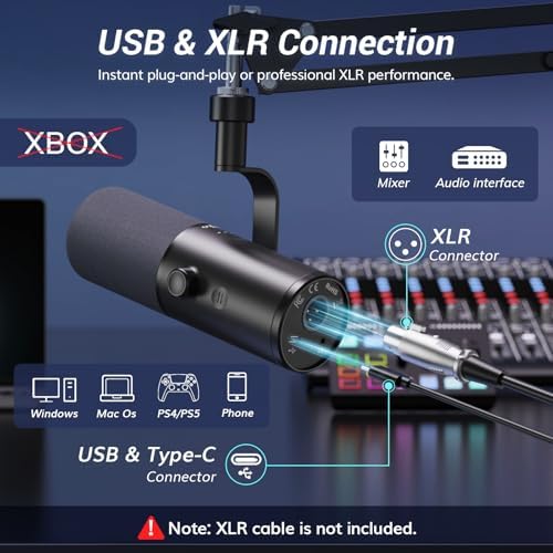 TONOR Dynamic Podcast Microphone for Studio, Cardioid XLR/USB Mic, AI Noise Cancellation, Tap Mute, 3.5mm Headphone Jack for Monitoring, Volume Control, Microfono with Boom Arm, Black, TD510 AIR H+