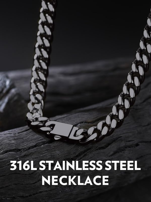 Bandmax Mens Stainless Steel Chain Necklaces 5/7/9/12 MM Chunky Miami Cuban Link Chain Necklace Bracelet Silver/Gold/Black Chains for Men 18"-30"2