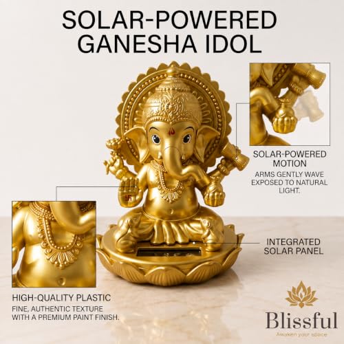 Image of Blissful Solar Moving Lord Ganesha Idol Statue Ganpati Murti for Car GoodLuck Office Home Decorative Showpiece - 11 cm (Plastic, Crystal, Gold)
