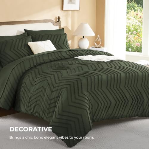 Image of Litanika Oversized Queen Size Comforter Set with Sheets Olive Green - 7 Pieces Bed in a Bag Oversized King Boho Tufted Complete Bedding Sets with Comforter, Sheets, Pillowcases & Shams