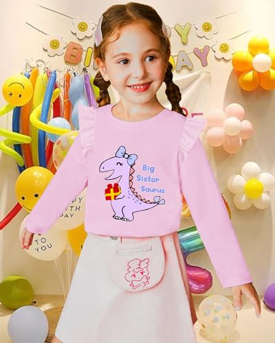 CM-Kid Big Sister Shirt for Girl Promoted to Big Sister Ruffle Long Sleeve Dinosaur Rainbow Elephant Tshirt Tops2