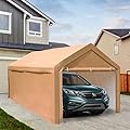 PHI VILLA 10x20 ft Heavy Duty Carport Car Canopy Party Tent with Removable Sidewalls and Doors, Garage Storage Boat Shelter with Waterproof & UV Protected Tarp, Beige