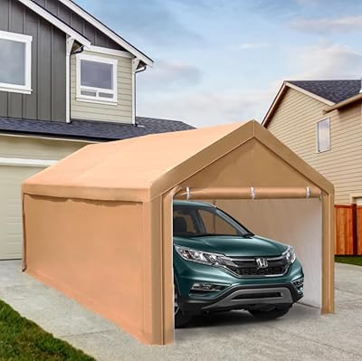 PHI VILLA 10x20 ft Heavy Duty Carport Car Canopy Party Tent with Removable Sidewalls and Doors, Garage Storage Boat Shelter with Waterproof & UV Protected Tarp, Beige