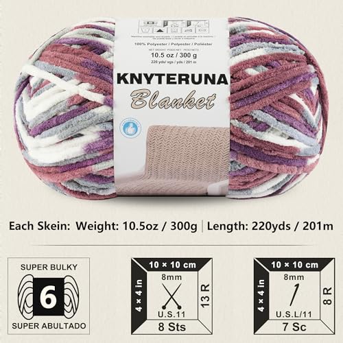 Image of #6 Super Bulky Blanket Yarn for Crocheting - 4 Skeins(Each 10.5oz /300g, 220yds /201m), Chunky Chenille Thick Plush Big Soft Yarn for Crocheting Knitting Blankets, Purple & Mauve & Grey
