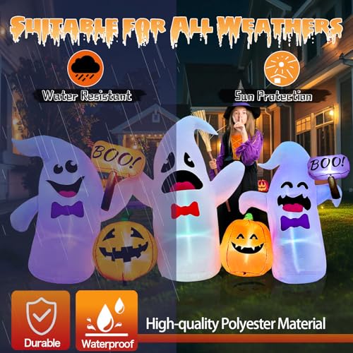 Image of 8FT Long Halloween Inflatable Ghosts and Pumpkins, 3 Blow Up Ghosts Inflatables with 2 Pumpkin Built-in LED Lights for Halloween Party Yard Garden Lawn Decorations