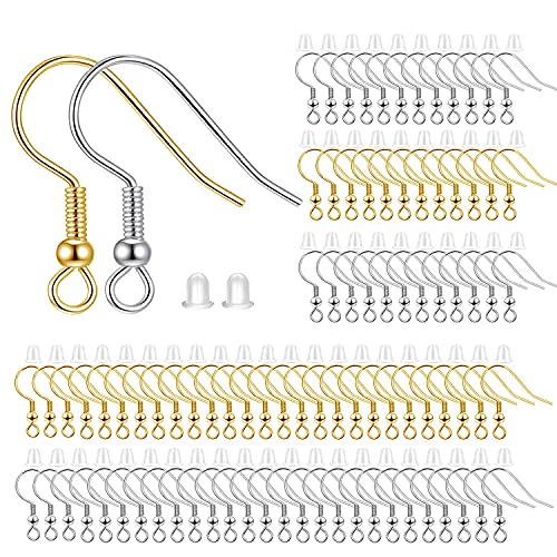 BEADNOVA 200pcs Mix Earring Hooks & Backs Silver & Gold 100pcs Hooks & 100pcs Backs DIY Earring Supplies