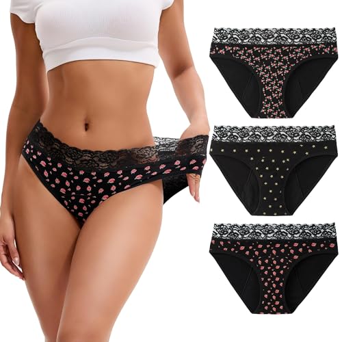 INNERSY Period Underwear for Women Cotton Lace Leakproof Menstrual Hipster Panties Bikini Briefs 3-Pack