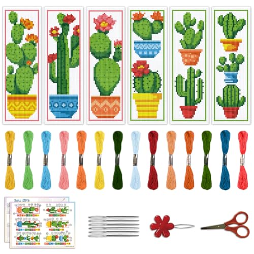 Image of ACRNIGHEET 6PCS Cactus Cross Stitch Bookmark Kit for Beginner Stamped Cross Stitch Kits for Adults DIY Embroidery Bookmark Kits Crossstitch Kits Adult with Instructions Hand Craft Gift 11CT
