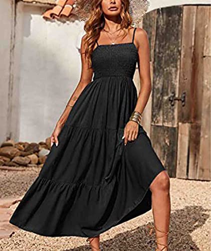 Image of Sexyshine Women's Square Neck Halter Lace Up Criss Cross Maxi Dress Tie Back Sleeveless Smocked Ruched A Line Dress