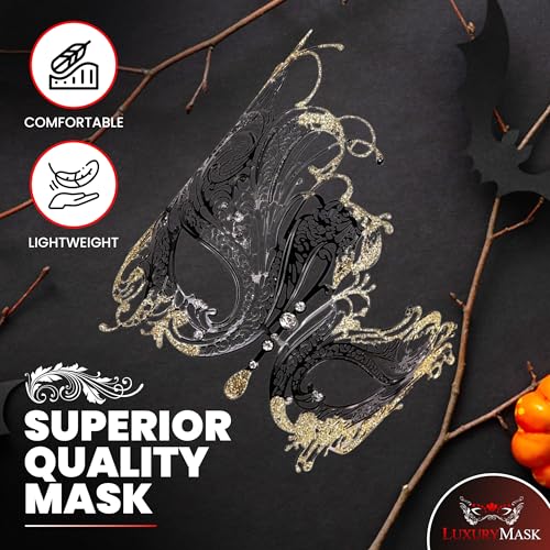Image of Metal Filigree Masquerade Mask for Women - Swan Style Mask with Rhinestones for Mardi Gras, Prom, Halloween & Venetian Party