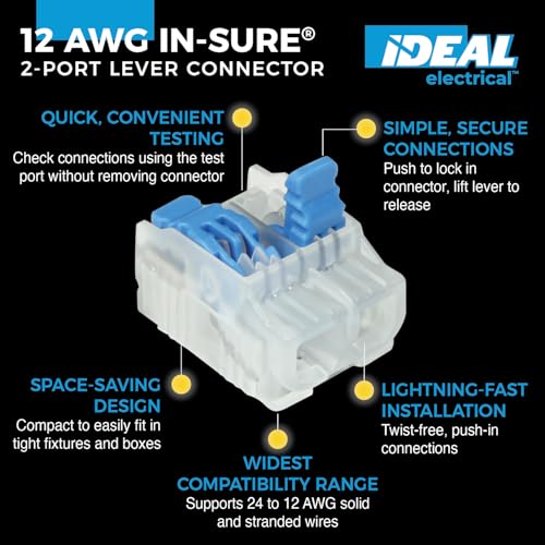 Image of Ideal Electrical in-Sure Lever Wire Connector,12 AWG, 2-Port (30-01L22), Bag of 10-Compact Releasable Connectors for Solid and Stranded Wires