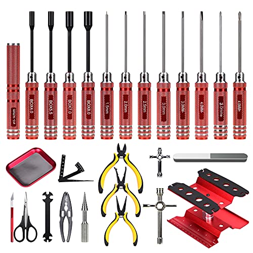 Image of RC Car Tool Kit (27pcs), Screwdriver Set (Flat, Phillips, Hex), Pliers, Cross Wrench, Body Reamer, Stand, Polished Bar Hobby Repair Tools for Traxxas Car Quadcopter Drone Helicopter Airplane
