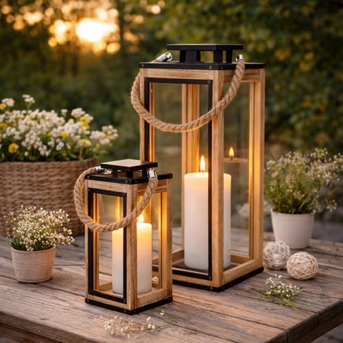 Mojawo 2-teiliges Laternen-Set aus Holz mit Metalldach - dekorative...