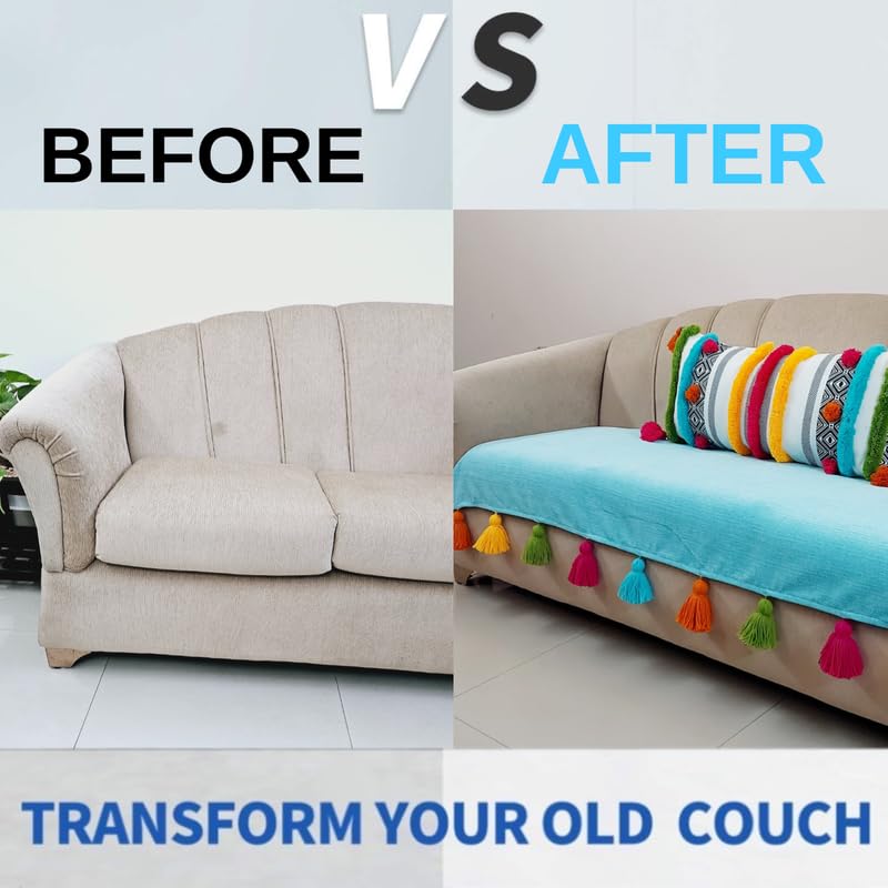 Image of Blue Sofa Cover Multicoloured Tassels: Sofa Slipcover: Heavyweight Performance Fabric, Anti-Slip, Stylish & Functional: Seat Coverage -Fits 2 Seater Sofa, Size: 65 x 120 CMS -1 Piece