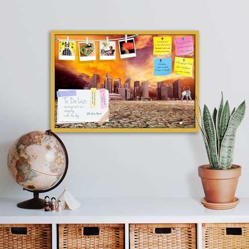 Image of ArtzFolio City Overlooking Desolate Desert | Bulletin Board Notice Pin Board | Vision Soft Board Combo with Thumb Push Pins & Sticky Notes | Golden Frame | 36 x 24 inch (91 x 61 cms)