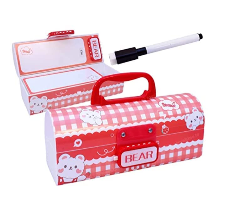 Image of Plastic Pencil Case With Code Lock - Multi-Layer Box for Boys and Girls (Bear Red)