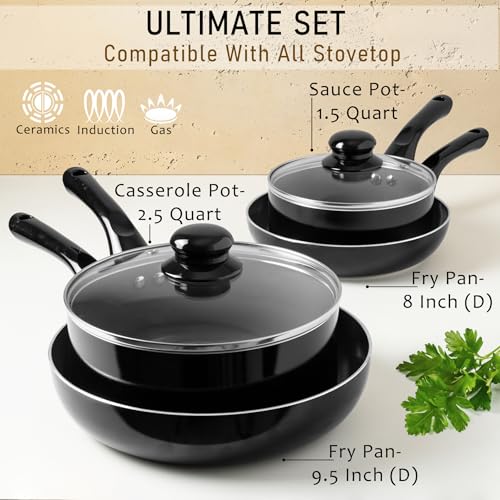 Image of Moss & Stone 6 Pcs Black Nonstick Cookware Set, Pots And Pans Set Non stick With Glass Lid, Induction Cookware, Stay-Cool Handle PTFE /PFOA Kitchen Pots 6-Piece with Frying Pans & Saucepan