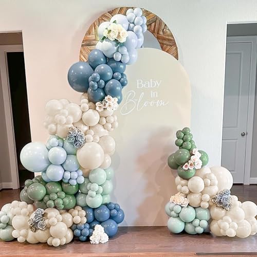 Image of Dusty Blue Sage Green Balloon Arch Kit 139Pcs Fog Blue Pastel Green White Sand Balloons for Baby Shower Birthday Jungle Safari One Silly Goose Theme Wedding Bride Party Decorations for Boy Girl Adult