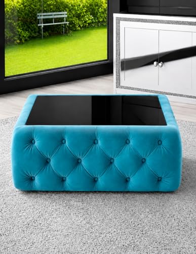 Image of Premium Tufted Upholstered Coffee Table with Mica Top - Modern Square Ottoman Center Table, Soft Velvet Finish, Luxury Living Room Furniture - 30 x 30 x 18 Inch (Sea Blue)