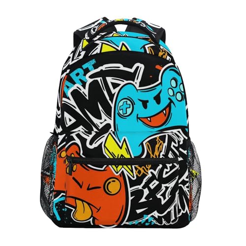 Colorful Joystick Video Game Graffiti Backpack Laptop Tablet Travel School Bag with Name Tag for Boys Girls