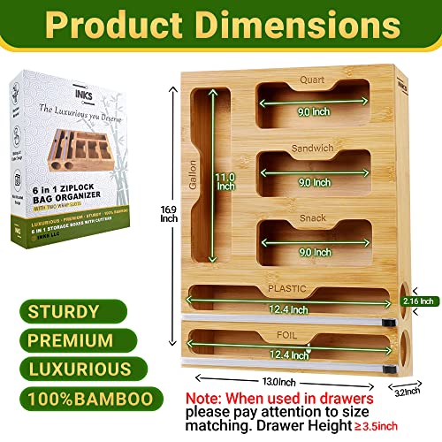 Inks Bamboo Ziplock Bag Organizer For Drawer, 6 In 1 Aluminum Foil And Plastic Wrap Dispenser With Cutter, Ziplock Baggie Kitchen Organization Storage Suitable For Food Gallon-Quart-Sandwich-Snack-Bag #TOP1