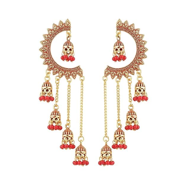 Image of WORLD CRAZE Multicolour long kashmiri jhumka for women chandbali earrings chand baliyan | kashmiri earrings for women | bahubali earrings stylish | Traditional Indian Festive Jewelry | Long Chain Tassels | Pearl Drop Latkan Jewellery (Multi colour)