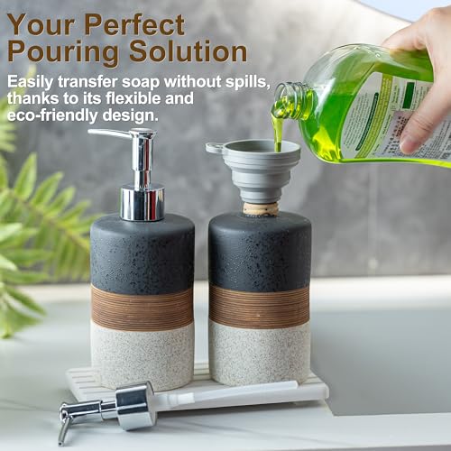 Image of Ceramic Dish Soap Dispensers Set of 2 for Kitchen and Bathroom | Hand Soap and Lotion Dispenser Set, Shampoo and Conditioner Bottles | with Stainless Steel Pump, Silicone Funnel, Tray, Black