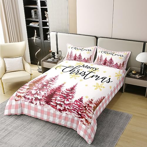 Homewish Xmas 100% Cotton Duvet Cover Single Size Girls Cute Kawaii Bedding Set Pink Christmas Tree Comforter Cover Geometric Lattice Buffalo Golden Snowflake Bed Sets with 1 Pillowcase - Image 2