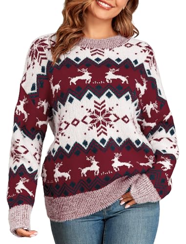 ZAFUL Christmas Sweaters for Women Snowflake Reindeer Long Sleeve Crewneck Oversized Sweater Fuzzy...
