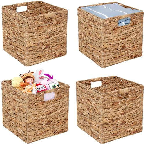 11x11in Storage Baskets 4 Pcs Square Baskets for Cube Shelf,Foldable Handwoven Water Hyacinth...