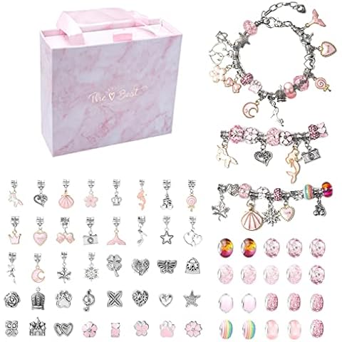 Charm Bracelet Making Set for Teen Girls, Bracelet Making Crafts Kit , 63 pcs DIY Jewelry Making Kit with Pendant Charms Glass Beads, Spacers Beads, DIY Jewelry Gifts Crafts Set for Kid (Pink) Cover