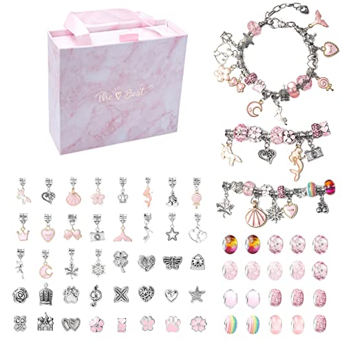 Kit para Hacer Joyas para Niñas, Kit para Hacer Pulseras, 63 Piezas Hacer Pulseras para Niñas Kit Artesanía DIY Joyería Kit Creacion de Pulseras Cadena de Serpiente Plateada Creación Regalos(Rosado) Cover