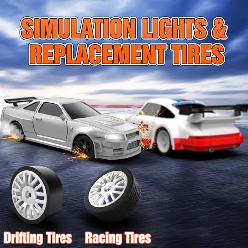 Image of RC Drift Car, 1 /43 Mini RC Drift Car with Gyroscope, 2.4GHz Full Proportional Remote Control Cars, 4WD High Speed Racing with Lights, Racing Tires, Model Cars Gift for Adults, Kids, Boys (White-P)
