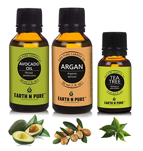 Image of Earth N Pure Argan Oil, Tea Tree Oil & Avocado Oil Pack of 3 | Undiluted | 100% Natural & Therapeutic | For Aromatherapy | Mood Enhancers |Skin Care | Hair Care | Relaxation etc. | 15 /30 ML Each