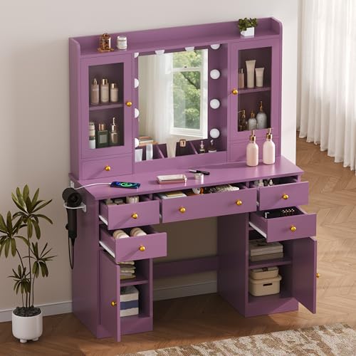Image of HUANLEGO Purple Vanity Desk with Mirror and Lights for Girls Women | Makeup Vanity Mirror with Lights, LED RGB Lights Strip, Power Outlet, 7 Drawers, 2 Storage Cabinets, 3 Color Modes Adjustable