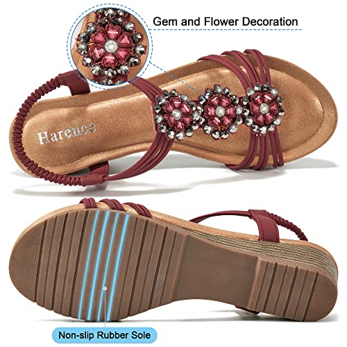 Image of HARENCE Wedge Sandals for Women Dressy: Comfortable Elastic Ankle Strap Low Heel Open Toe Flower Summer Shoes
