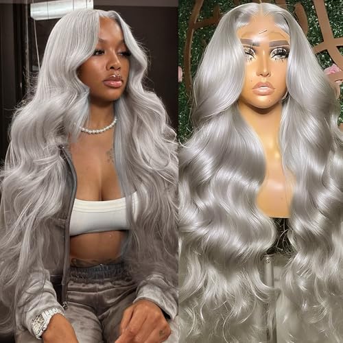 GHYK Grey Lace Front Wigs Human Hair Body Wave 200 Density Glueless 13x6 HD Lace Front Wigs Human Hair Transparent Frontal Wig Pre Plucked Pre Cut Colored Gray Wig for Women 30 Inch