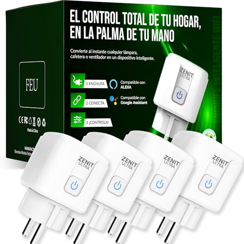 Mini Enchufe Inteligente WiFi con Temporizador, Pack de 4 Compatible con Alexa dispositivos, Google Home, Programador Enchufe para Domotica del Hogar, Tomada Inteligente Monitor de Consumo ZENIT ULTRA
