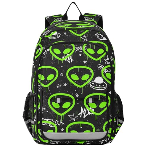 Fisyme Green Alien Neon School Backpack Laptop Backpacks Bags Bookbag Travel Casual Computer Notebooks Daypacks