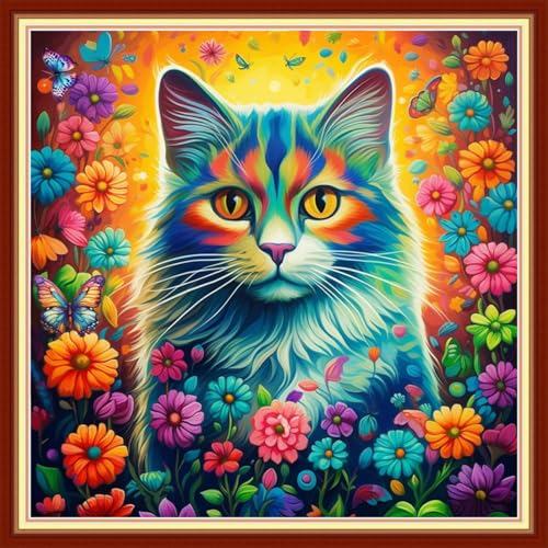 Image of Joyhoor Stamped Cross Stitch Kits for Beginners, Needlepoint Kits for Adults, 11CT Counted Embroidery Kits-Cat Flowers 18x18 inchs