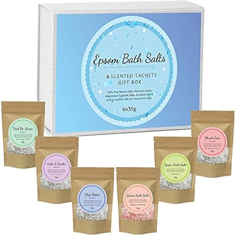 Bath Body Spa Scented Pure Epsom Salts Box Hamper | Magnesium Sulphate Bath Salt | 6x35G Variety Gift Hamper Box Pack by PSN | Ideal for Relieving Sore Muscles | Reduces Inflammation Cover